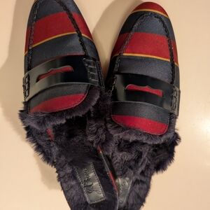 J Crew Preppy Chic Striped Red and Blue Fur-Lined Mules | US 6